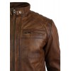 Men’s Retro Style Zipped Biker Jacket Real Leather Soft Brown Waxed Sheepskin Casual Leather Jacket 