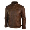 Men’s Retro Style Zipped Biker Jacket Real Leather Soft Brown Waxed Sheepskin Casual Leather Jacket 