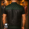 Men’s Black Naked Leather Motorcycle Club Vest – Diamond Quilted with Green Stitching