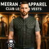 Men’s Black Naked Leather Motorcycle Club Vest – Diamond Quilted with Green Stitching