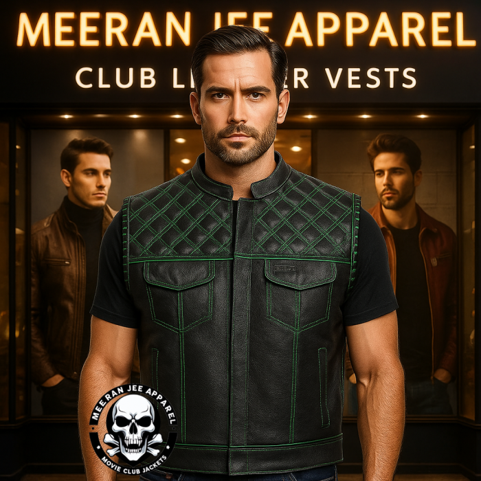 Men’s Black Naked Leather Motorcycle Club Vest – Diamond Quilted with Green Stitching