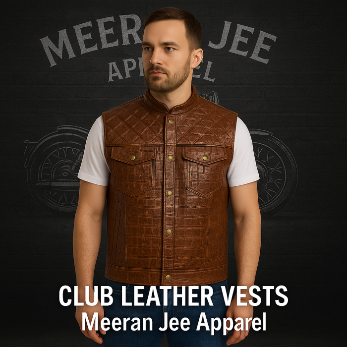 Men's Handcrafted Brown Crocodile Leather Trucker Style Motorcycle Club Vest