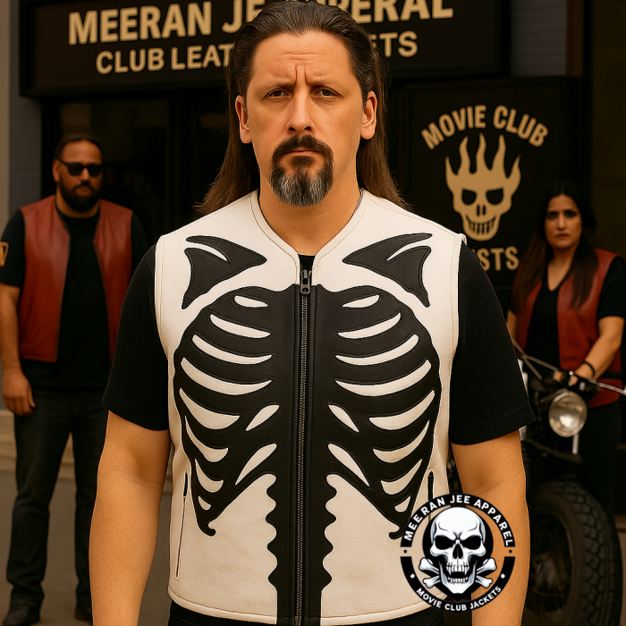 Men's Skeleton Bones Motorcycle Biker Club Vest – White & Black Cowhide Leather Club Vest