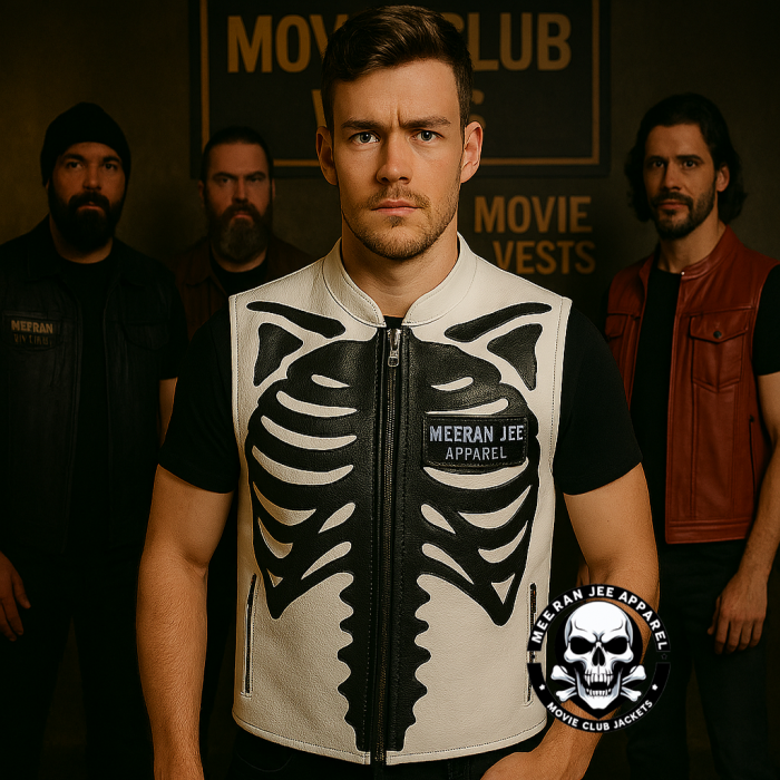 Skeleton Bones White Leather Biker Vest – Club Style Vest by Meeran Jee Apparel