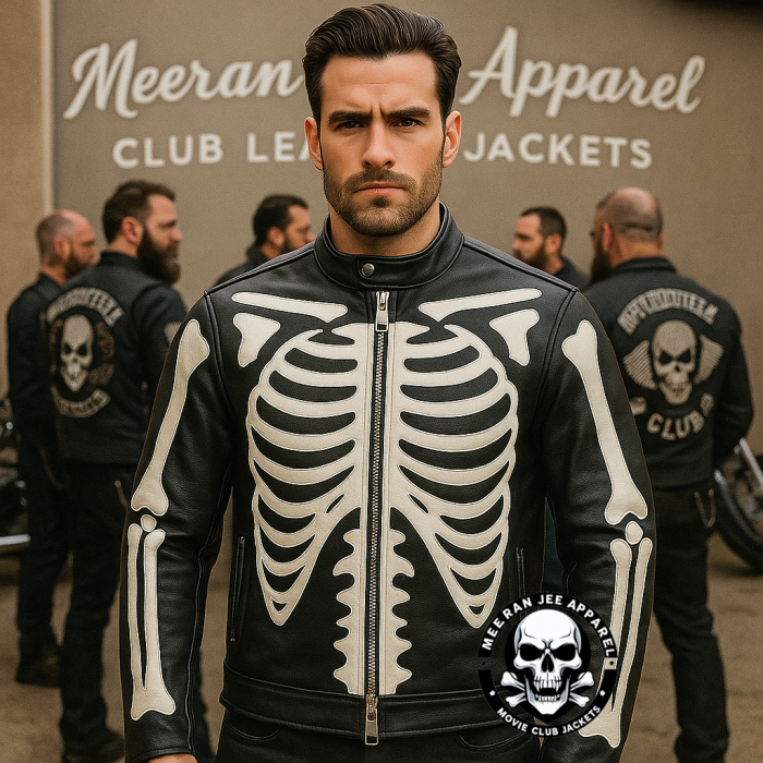 Men's Genuine Leather Skeleton Motorcycle Biker Jacket – Skull & Bone Design | Meeran Jee Apparel