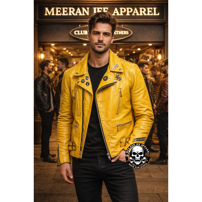 Men’s Yellow Vintage Cowhide Leather Motorcycle Biker Jacket – Iconic Edition