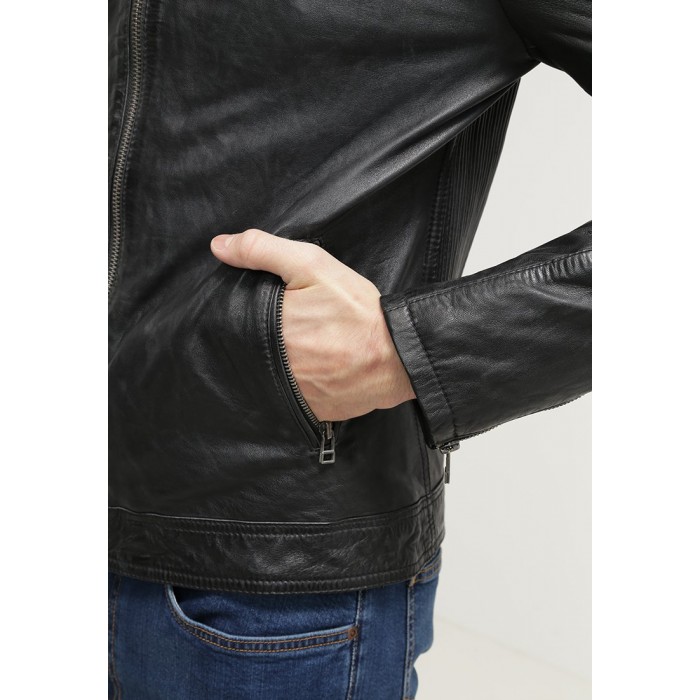 Black Washed Waxy Sheepskin Padded Shoulder Fashion Leather Jacket