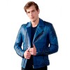 Men's Diamond Quilted Blue Waxed Leather Motorcycle Jacket