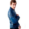 Men's Diamond Quilted Blue Waxed Leather Motorcycle Jacket