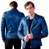 Men's Diamond Quilted Blue Waxed Leather Motorcycle Jacket