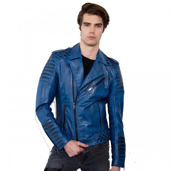 Men's Sky Blue Diamond Quilted Waxed Leather Motorcycle Jacket