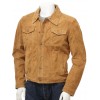 Men's Denim Jeans Style Tan Suede Trucker Leather Jacket
