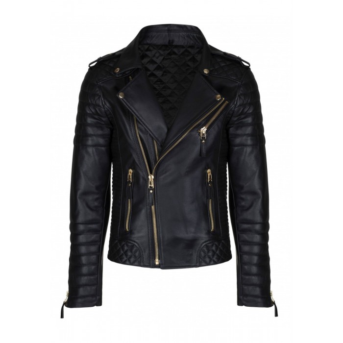 Men's Diamond Quilted Kay Michael Soft Leather Black Slim Fit Biker Jacket Golden Zip