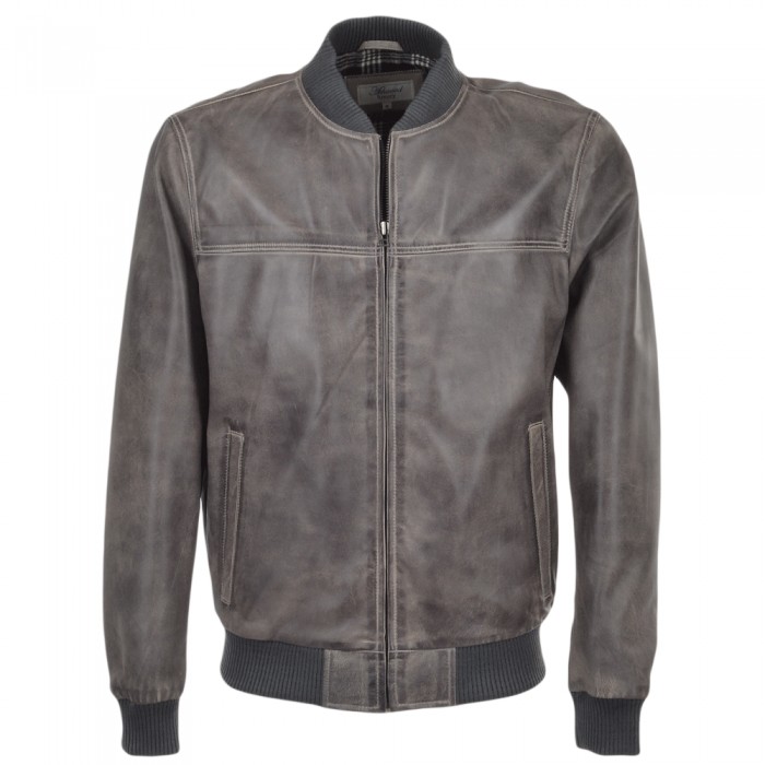Men's Light Grey Waxed Sheepskin Bomber Leather Jacket