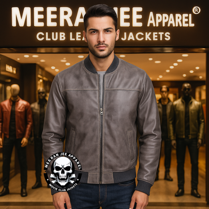 Men’s Light Grey Waxed Sheepskin Bomber Leather Jacket – Vintage Varsity College Style Outerwear