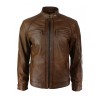 Men’s Retro Style Zipped Biker Jacket Real Leather Soft Tan Waxed Sheepskin Casual Leather Jacket 