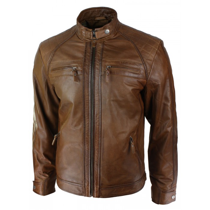 Men’s Retro Style Zipped Biker Jacket Real Leather Soft Tan Waxed Sheepskin Casual Leather Jacket 
