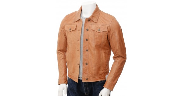 Men's Tan Sheepskin Trucker Leather Jacket