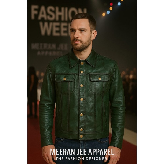 Men’s Green Waxed Sheepskin Leather Trucker Jacket – Vintage Motorcycle Riding Style Fashion Jacket