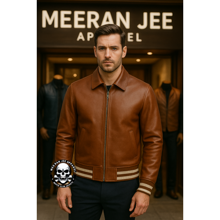 Men’s Walton Brown Leather Varsity Bomber Jacket – Classic Real Leather Outerwear