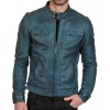 Men's Teal European Style Waxed Leather Fashion Jacket