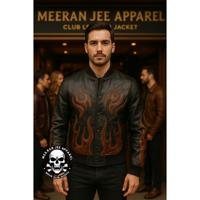 Men’s Vintage Flame Leather Bomber Jacket – Premium Waxed Lambskin Motorcycle Biker Club Jacket
