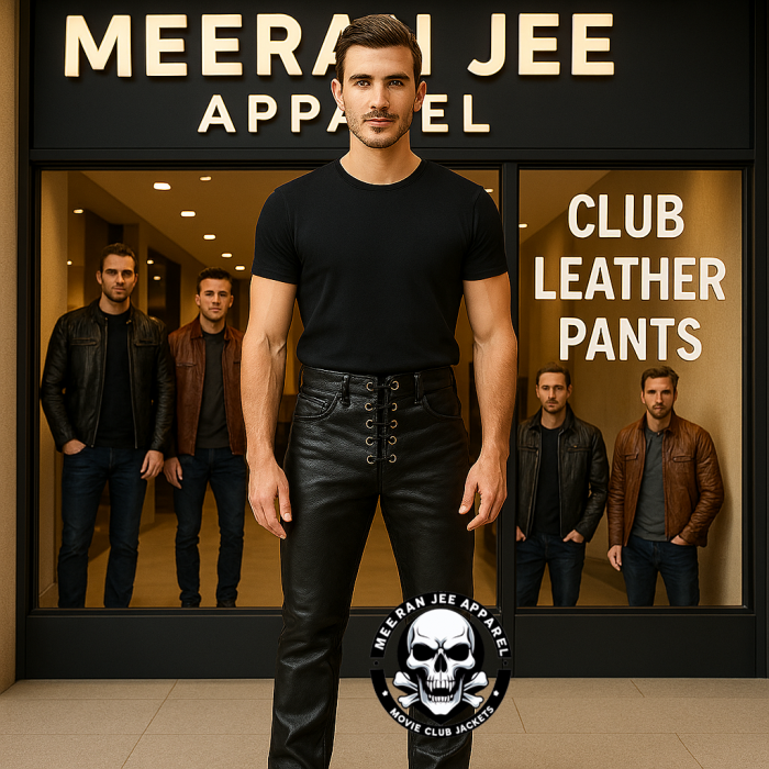 Men’s Black Leather Lace-Up Pants — 5 Pockets Slim Fit Biker Club Rock Style