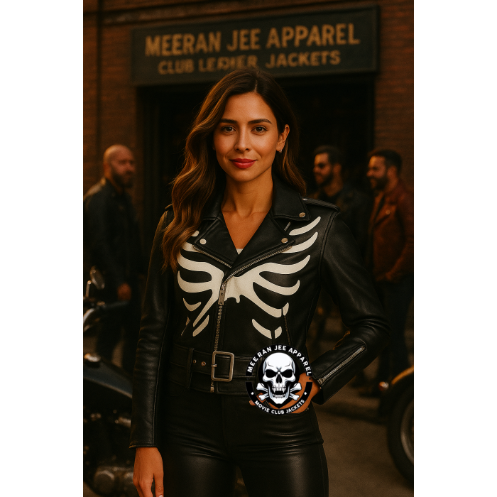 Women's Skeleton Bones Biker Club Leather Jacket – Marlon Brando Inspiration