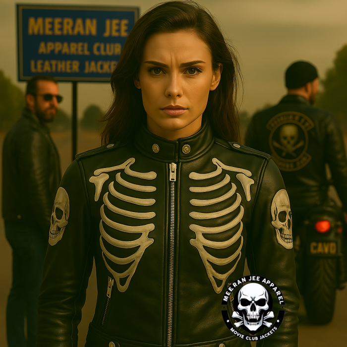 Women's Skeleton Skull Bones Motorcycle Club Leather Jacket – Marlon Brando Style