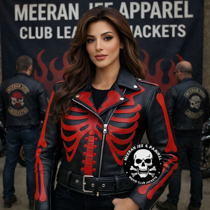 Women’s Red Skeleton Bones Biker Jacket – Black Sheep Leather Brando Style | Meeran Jee Apparel