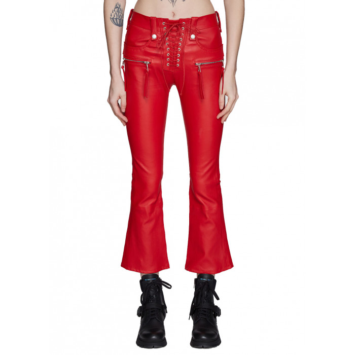 Women's Lace-up Flared Red Leather Pants