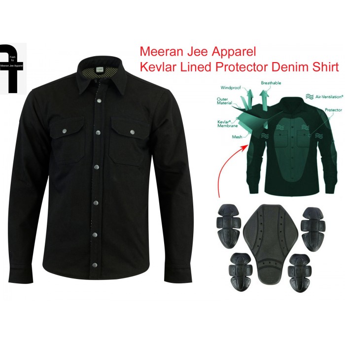 Men's Black Denim Kevlar Lined Armoured Biker Shirt 