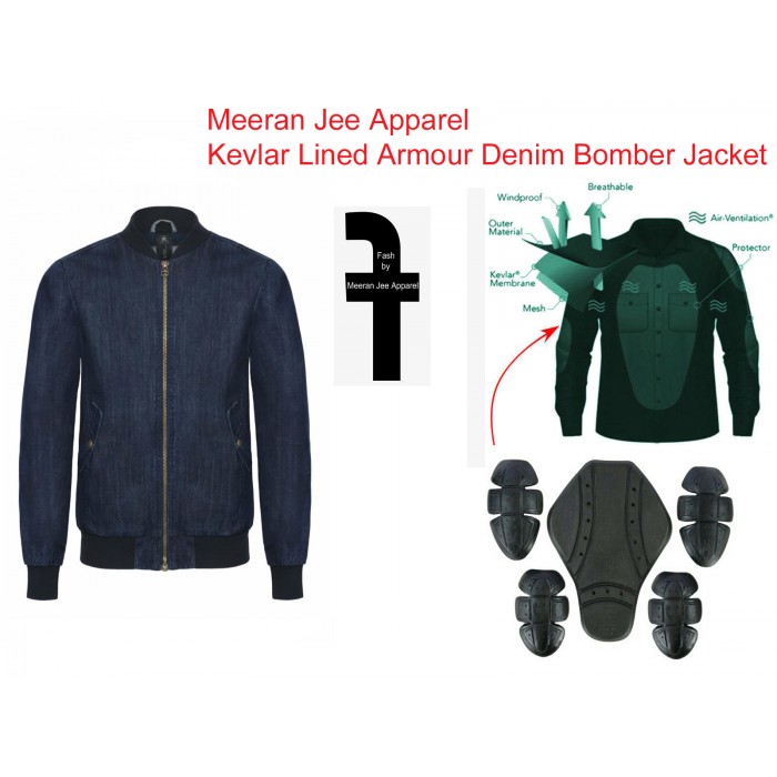 Men's Blue Denim Kevlar Lined Armour Bomber Jacket 