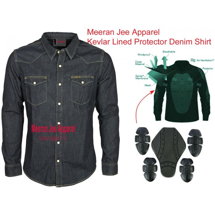 Men's Grey Denim Kevlar Lined Armoured Motorcycle Biker Shirt