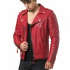 Men's Diamond Quilted Kay Michael Red Lambskin Slim Fit Leather Jacket 