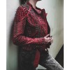 Women Domes Spiked Full Studded Red Moto Leather Jacket