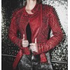Women Domes Spiked Full Studded Red Moto Leather Jacket