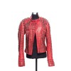 Women Domes Spiked Full Studded Red Moto Leather Jacket