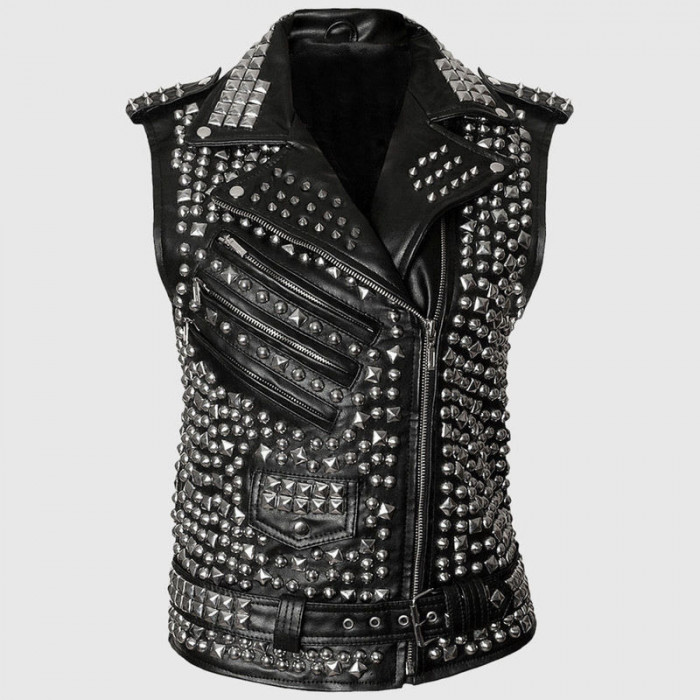 Men's Designer Calfskin Luxury Full Silver Studded Biker Punk Vest