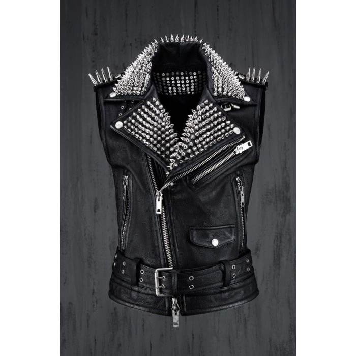 Men's Designer Calfskin Luxury Silver Studded Biker Punk Vest
