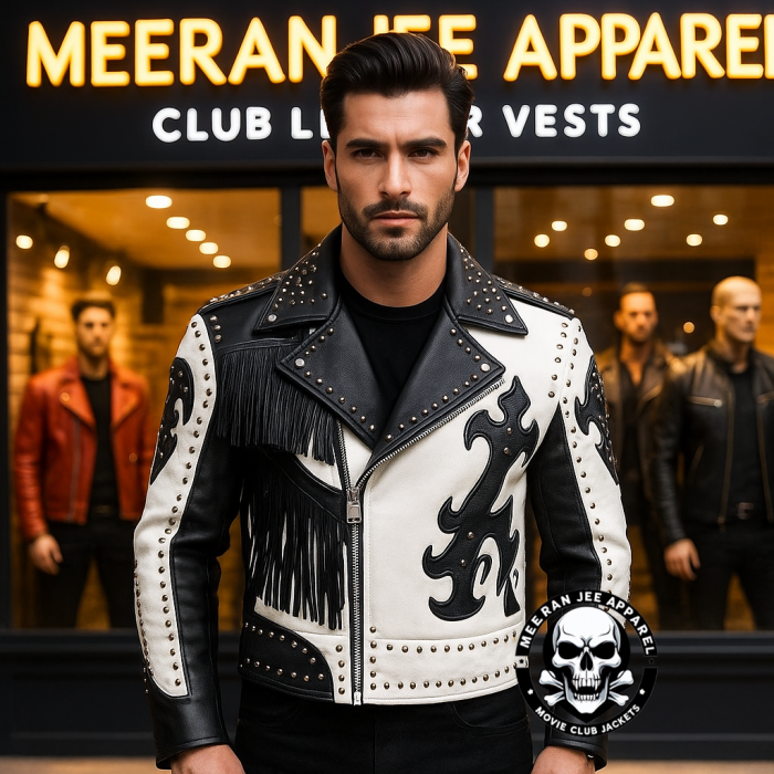 Men’s Gothic Black & White Leather Biker Jacket – Studs, Fringe, Punk Rock Goth Club Style