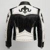 Men’s Gothic Black & White Leather Biker Jacket – Studs, Fringe, Punk Rock Goth Club Style Men’s Gothic Black & White Leather Biker Jacket – Studs, Fringe, Punk Rock Goth Club Style
