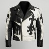 Men’s Gothic Black & White Leather Biker Jacket – Studs, Fringe, Punk Rock Goth Club Style Men’s Gothic Black & White Leather Biker Jacket – Studs, Fringe, Punk Rock Goth Club Style