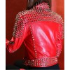 Women's Motorcycle Red Lambskin Studded Spiked Moto Jacket