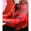 Women's Motorcycle Red Lambskin Studded Spiked Moto Jacket
