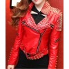 Women's Motorcycle Red Lambskin Studded Spiked Moto Jacket