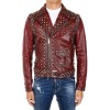Men's Burgundy Silver Studded Heavy Metal Punk Biker Leather Jacket