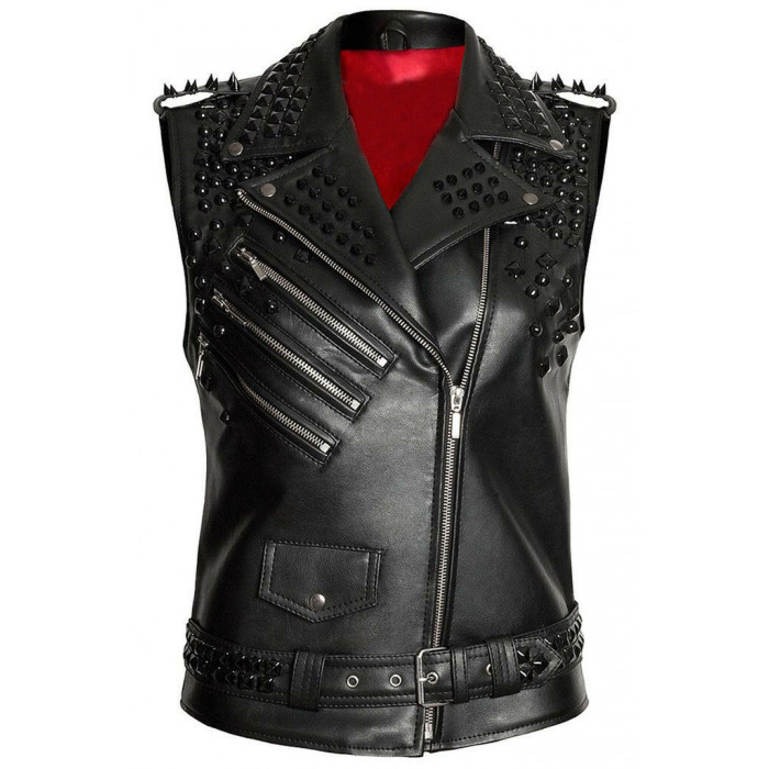 Women's Designer Calfskin Luxury Black Studded Biker Zipper Vest