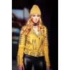 Women Luxury Designer Yellow Studded Spiked Lambskin Moto Jacket