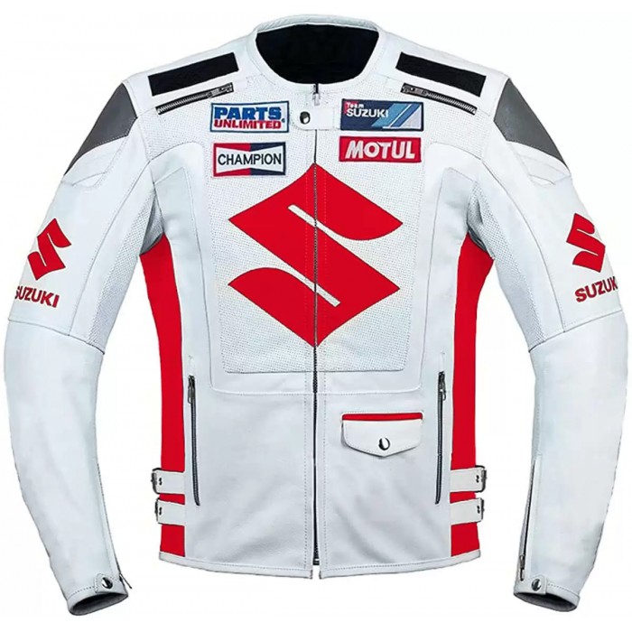 Men's White Red Suzuki MotoGP Motorbike Racing Leather Jacket